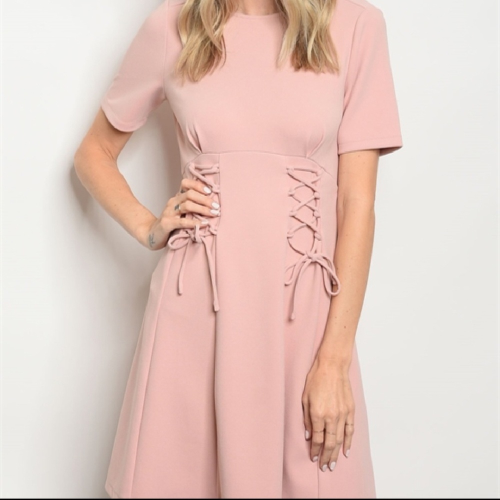 Blush Pink short sleeve lace up detail dress